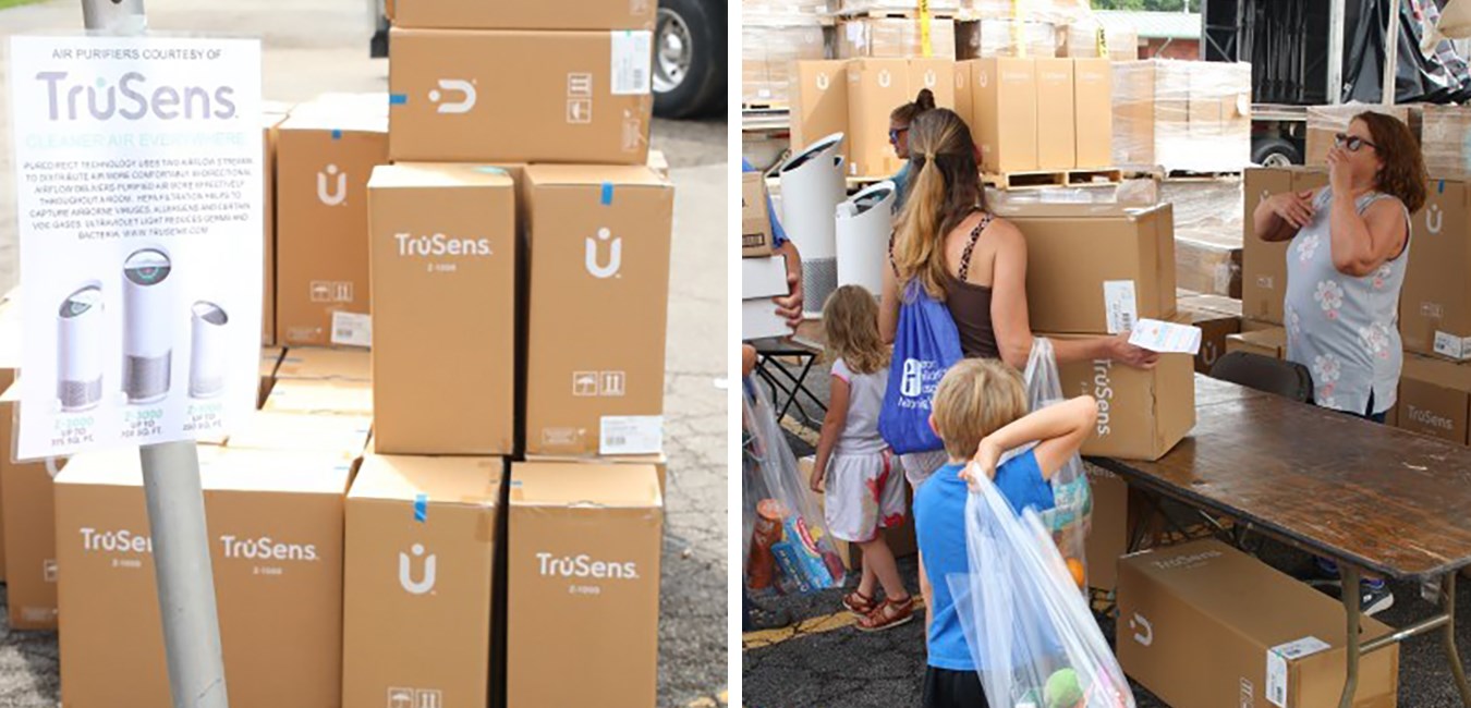 Multiple TruSens Air Purifier units stacked up for a donation to The Brightside Project in Ohio next to an image of a woman picking out a TruSens Air Purifier with her children.