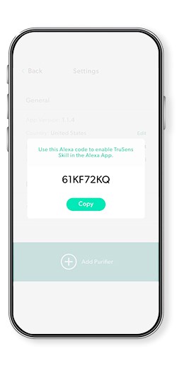 Phone with the TruSens App open, showing the code screen. 