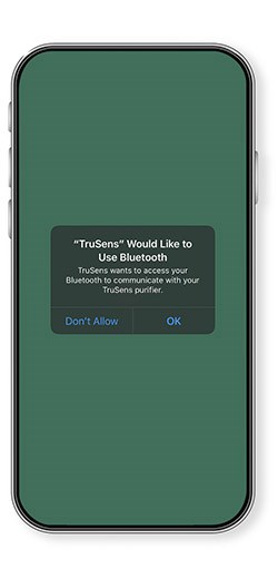TruSens App with a notification asking if the TruSens Smart AIr Purifier can use Bluetooth. 