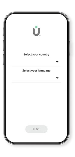 Phone with the TruSens App showing the country and language selection screen.