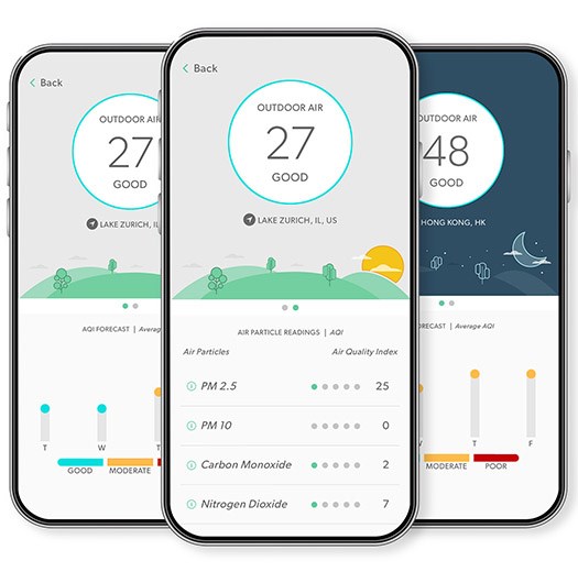 Three phones showing the outdoor air quality features on the TruSens App.